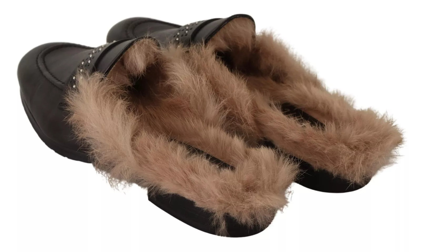 Peserico – Schwarze Slipper aus perforiertem Leder und Pelz
