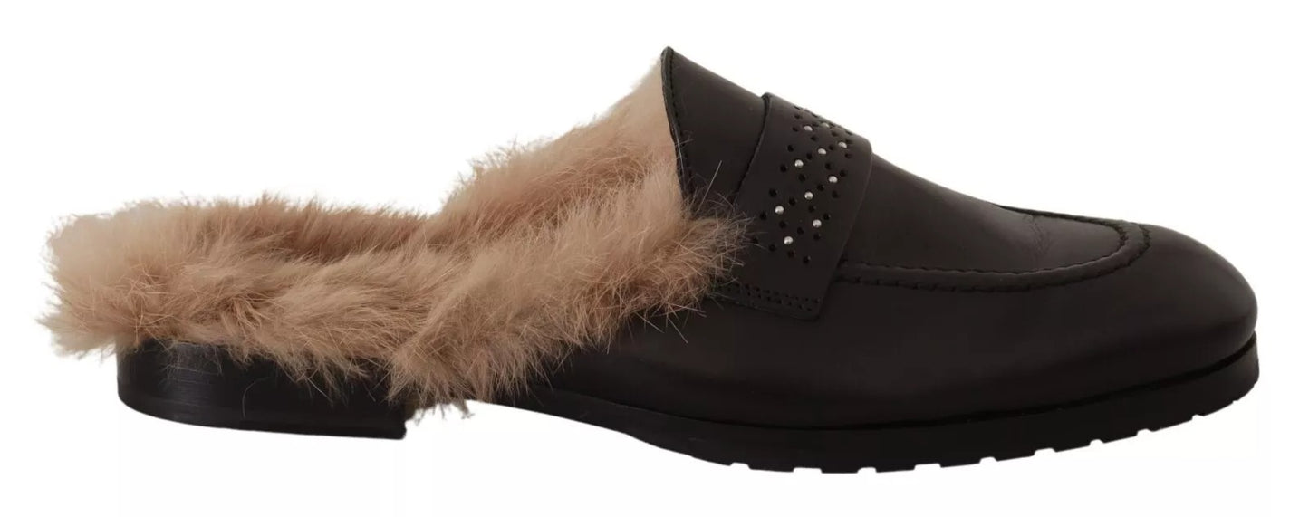 Peserico – Schwarze Slipper aus perforiertem Leder und Pelz