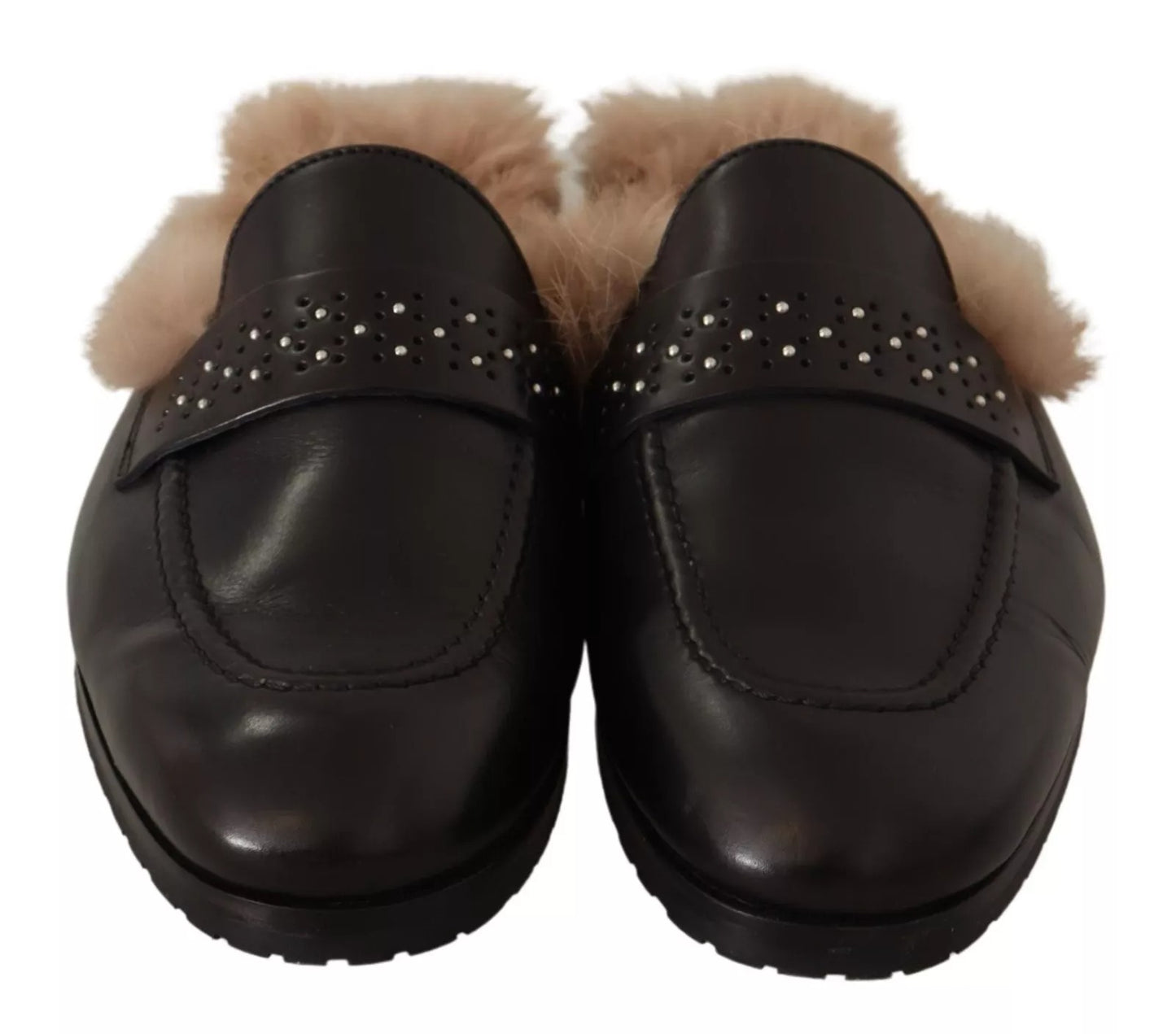 Peserico – Schwarze Slipper aus perforiertem Leder und Pelz