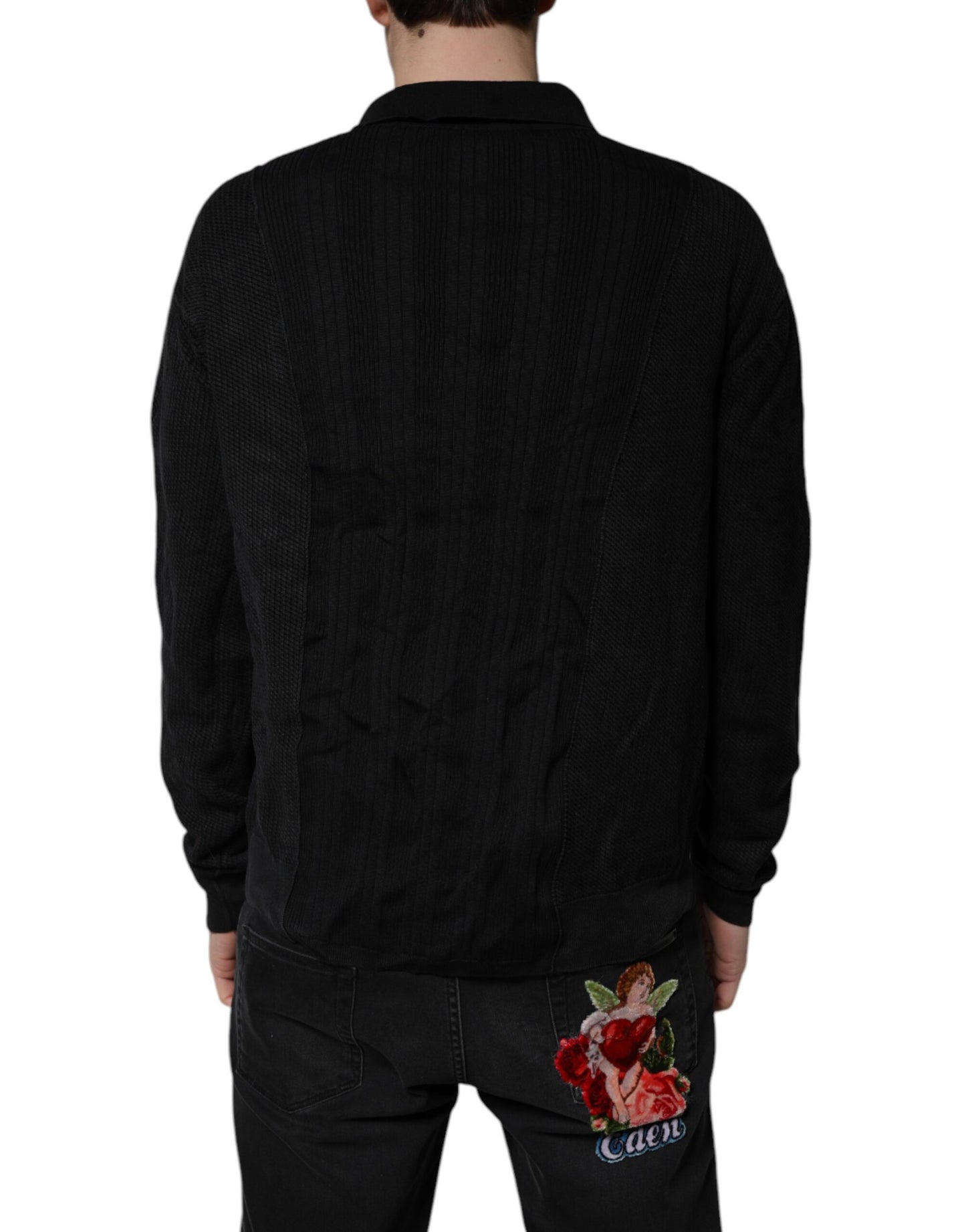Dolce &amp; Gabbana Schwarzer Pullover aus Seide mit Knöpfen und Wappen