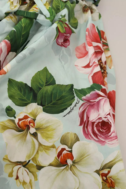 فستان دولتشي آند غابانا الأخضر المزهر بأكمام قصيرة من القطن وفتحة رقبة على شكل حرف V