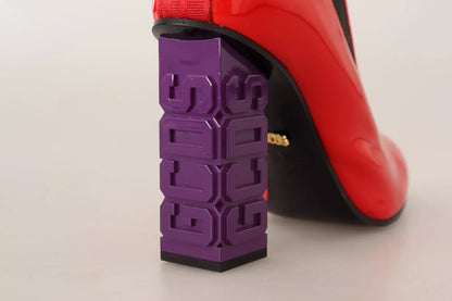 GCDS Stiefeletten aus rotem Leder und schwarzem Stoff mit Logoabsatz