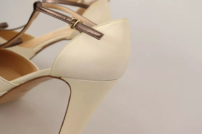 SERGIO LEVANTESI Off White Leather T-Strap Heels Sandals Shoes
