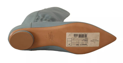 Valentino Blaue elastische Leder-Flats zum Überziehen, kniehohe Stiefel