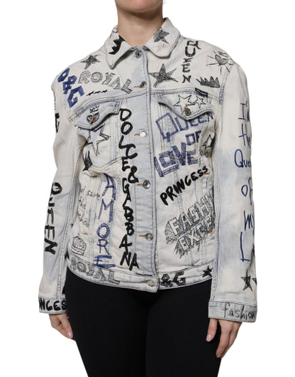 Dolce &amp; Gabbana Hellblaue Jeansjacke mit Graffiti-Knopfleiste