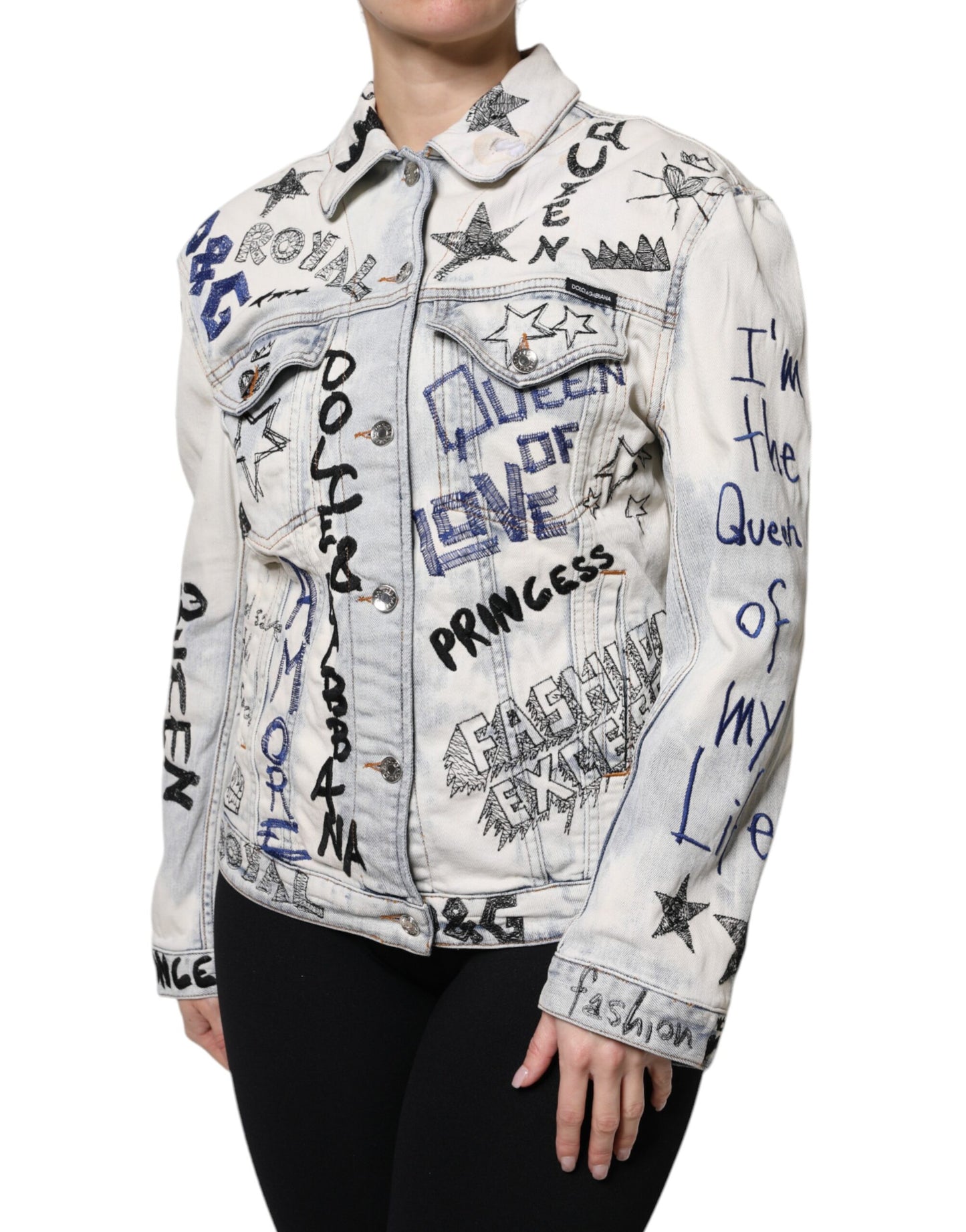 Dolce &amp; Gabbana Hellblaue Jeansjacke mit Graffiti-Knopfleiste
