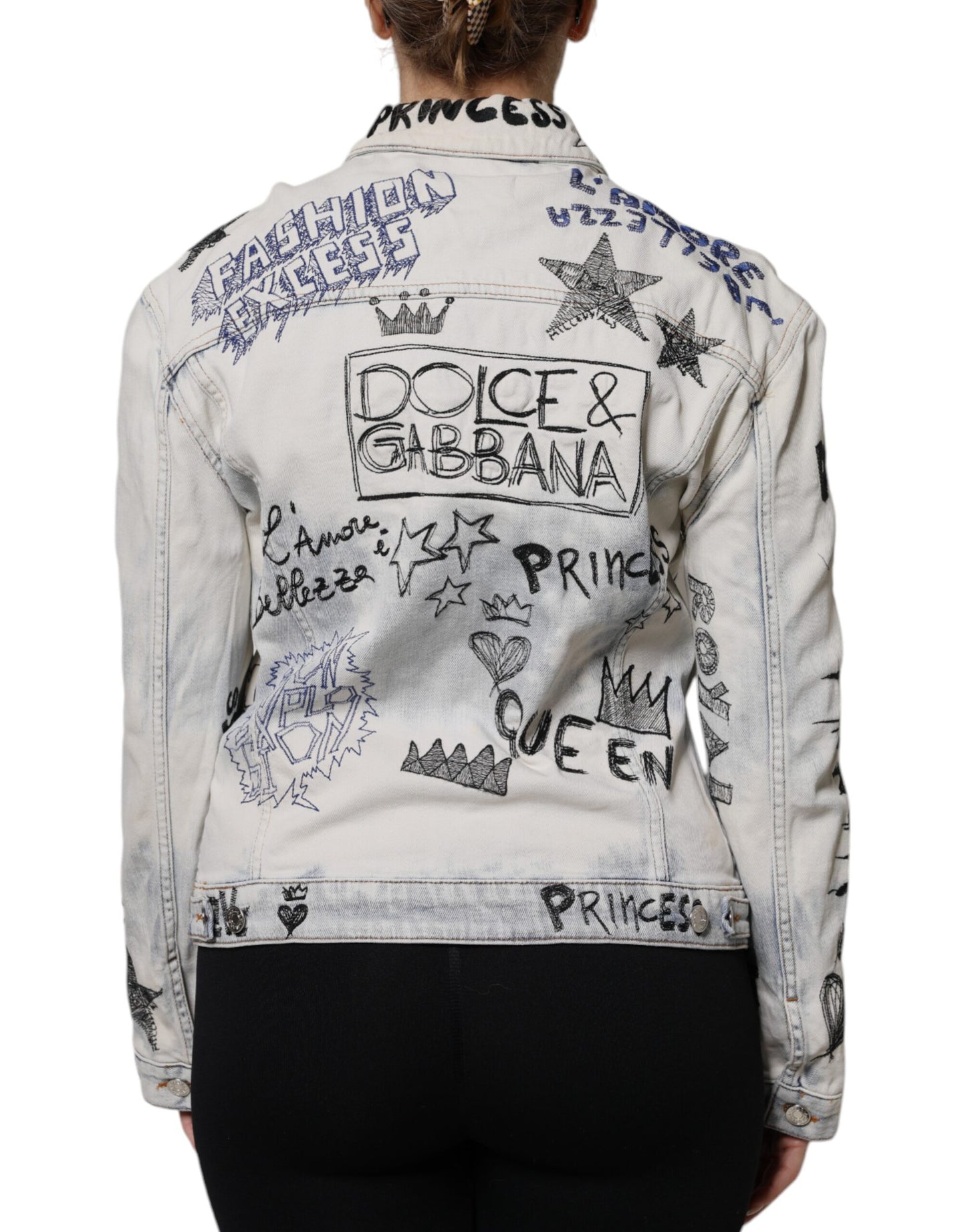 Dolce &amp; Gabbana Hellblaue Jeansjacke mit Graffiti-Knopfleiste