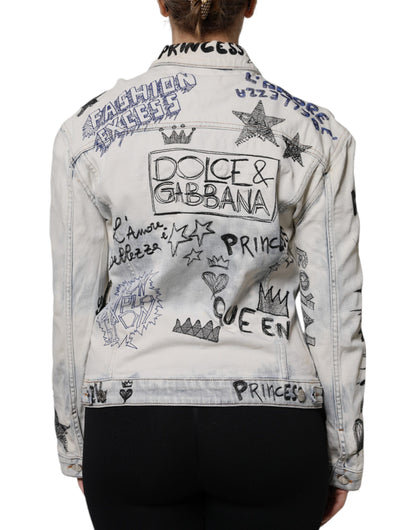 Dolce &amp; Gabbana Hellblaue Jeansjacke mit Graffiti-Knopfleiste
