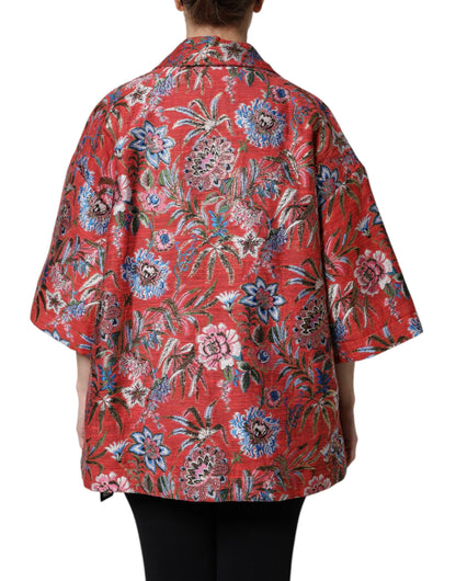 Dolce &amp; Gabbana – Rote Jacquard-Manteljacke mit Knopfleiste und Blumenmuster