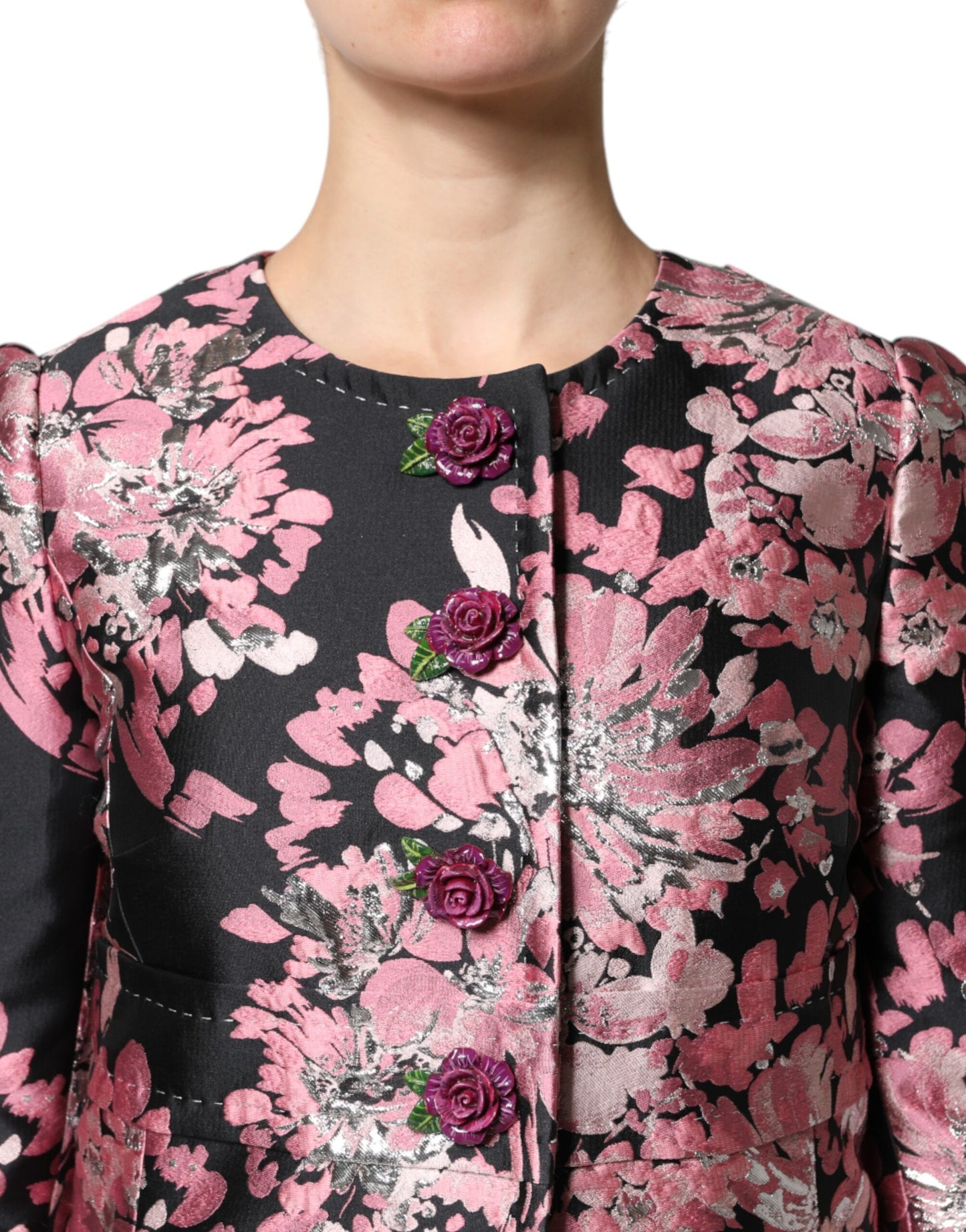 Dolce &amp; Gabbana – Trenchcoatjacke aus Brokat mit Blumenmuster in Rosa und Schwarz