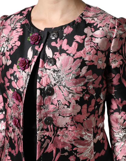 Dolce &amp; Gabbana – Trenchcoatjacke aus Brokat mit Blumenmuster in Rosa und Schwarz