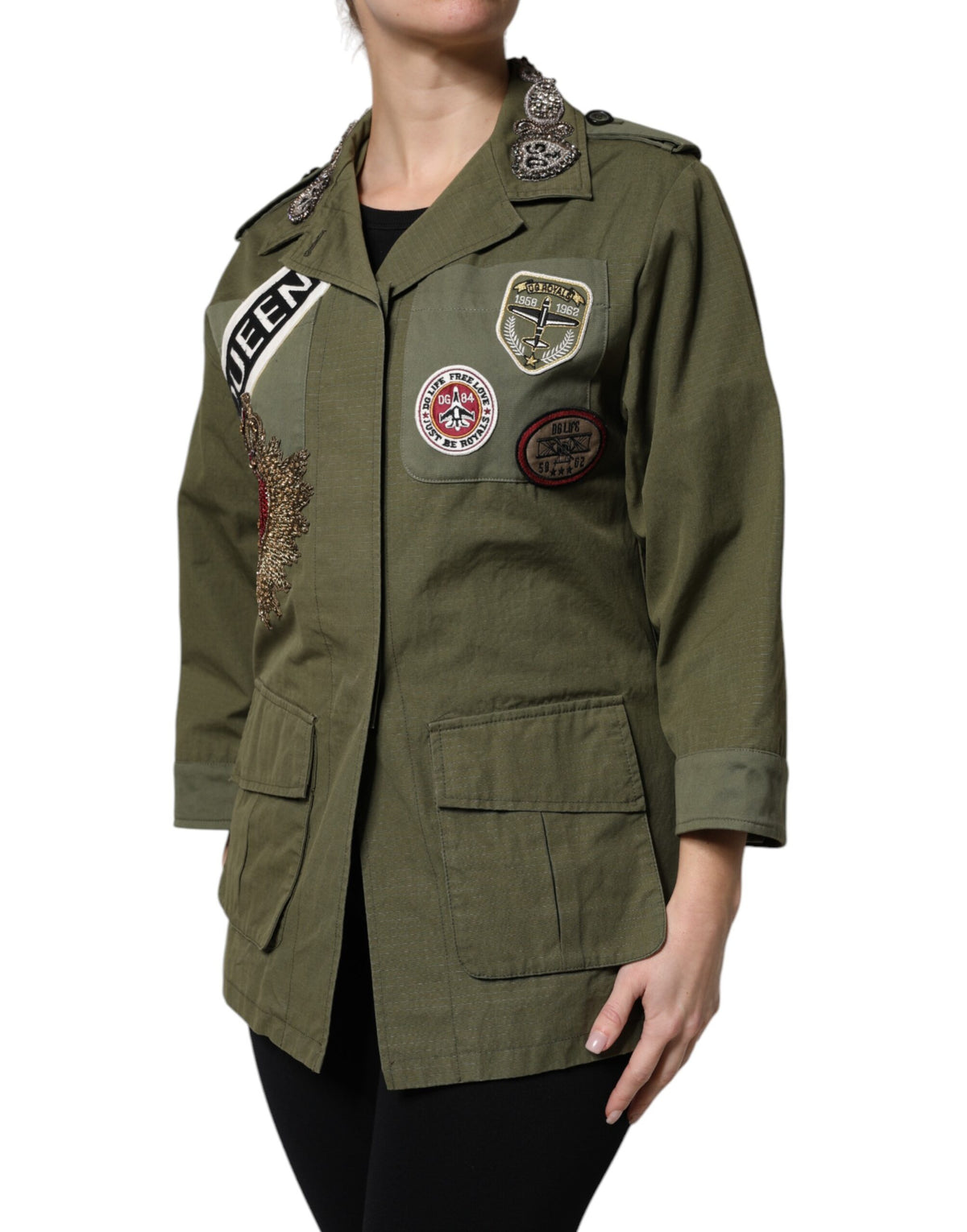 Dolce &amp; Gabbana – Militärgrüne, verzierte Manteljacke „Queen“