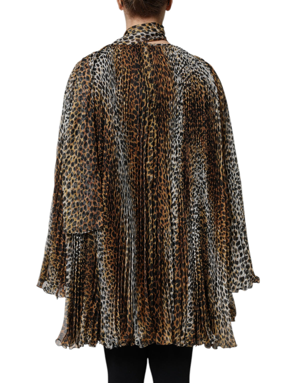 Dolce &amp; Gabbana – Braunes Chiffonkleid mit Schalkragen und Leopardenmuster