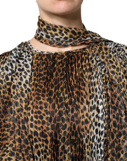 Dolce &amp; Gabbana – Braunes Chiffonkleid mit Schalkragen und Leopardenmuster