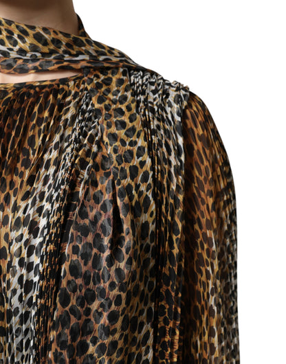 Dolce &amp; Gabbana – Braunes Chiffonkleid mit Schalkragen und Leopardenmuster