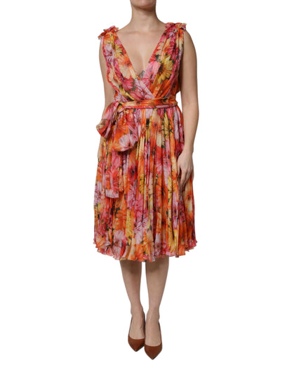 Dolce &amp; Gabbana Mehrfarbiges Chiffonkleid aus Seide mit V-Ausschnitt und Blumenmuster