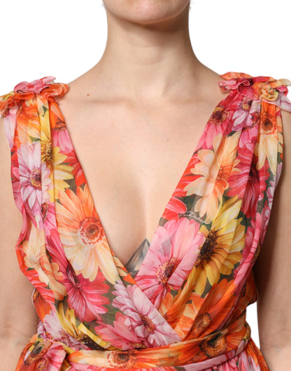 Dolce &amp; Gabbana Mehrfarbiges Chiffonkleid aus Seide mit V-Ausschnitt und Blumenmuster