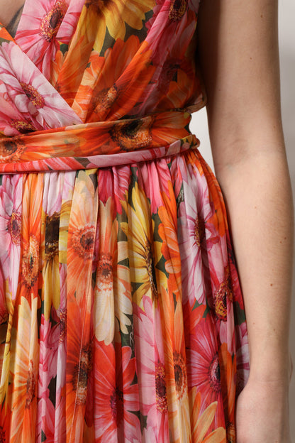 Dolce &amp; Gabbana Mehrfarbiges Chiffonkleid aus Seide mit V-Ausschnitt und Blumenmuster