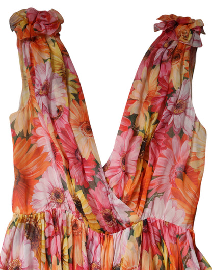 Dolce &amp; Gabbana Mehrfarbiges Chiffonkleid aus Seide mit V-Ausschnitt und Blumenmuster