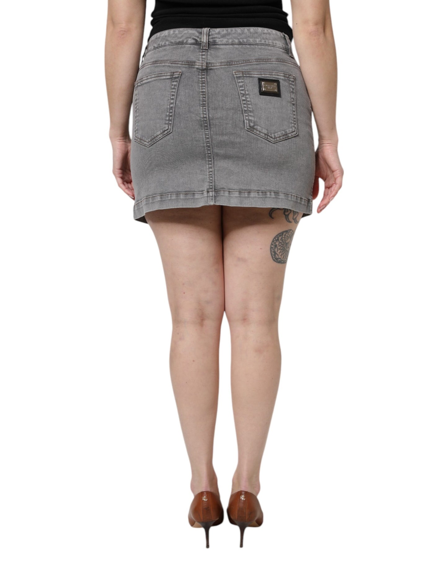 Dolce & Gabbana Gray Cotton Stretch Mid Waist Denim Mini Skirt