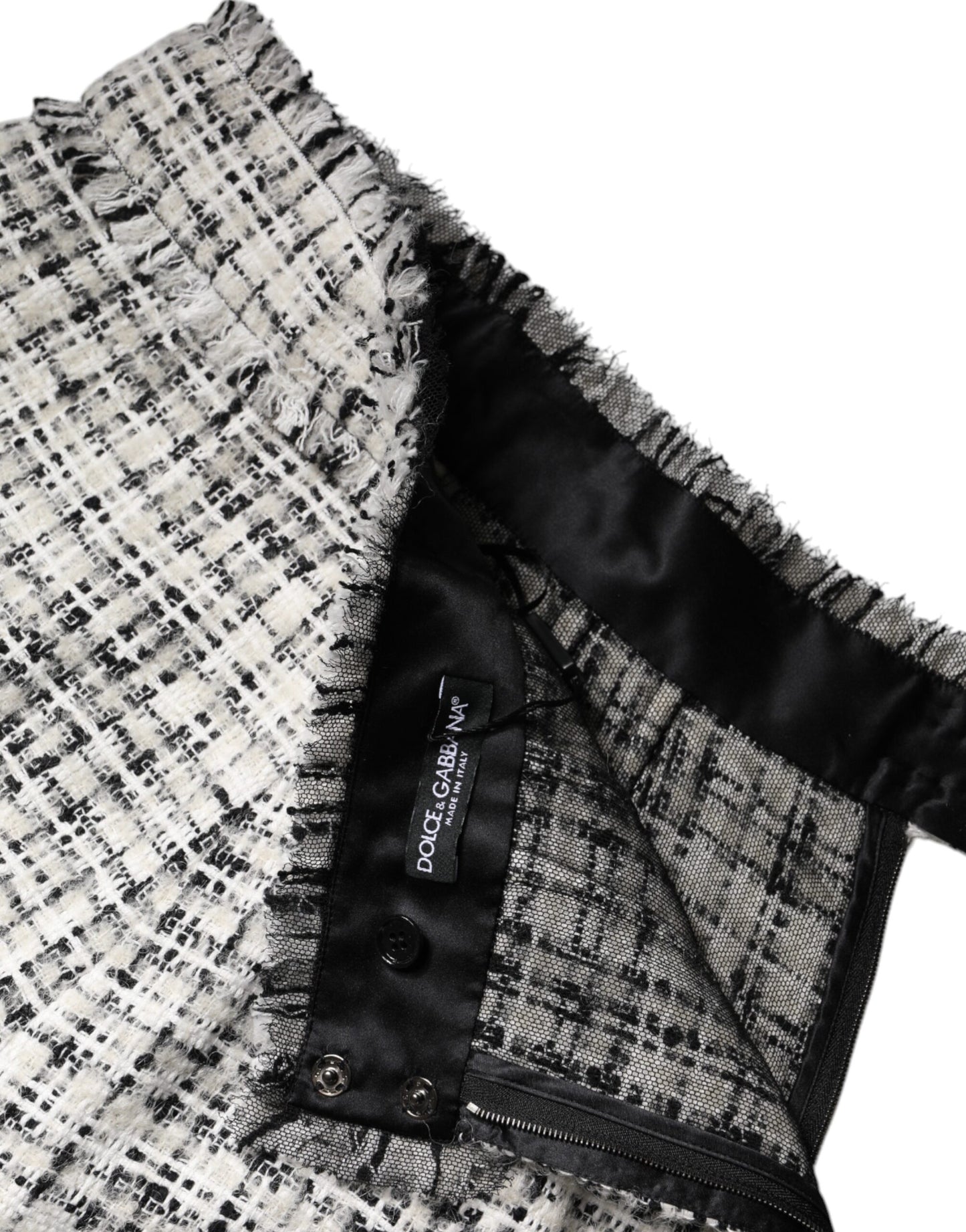 Dolce &amp; Gabbana – Weiß-schwarzer Minirock aus Tartan-Tweed mit hoher Taille