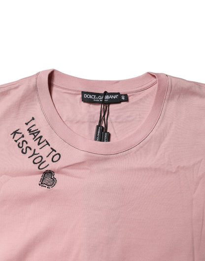 Dolce &amp; Gabbana – Rosafarbenes Baumwoll-T-Shirt mit Rundhalsausschnitt und Logo-Print