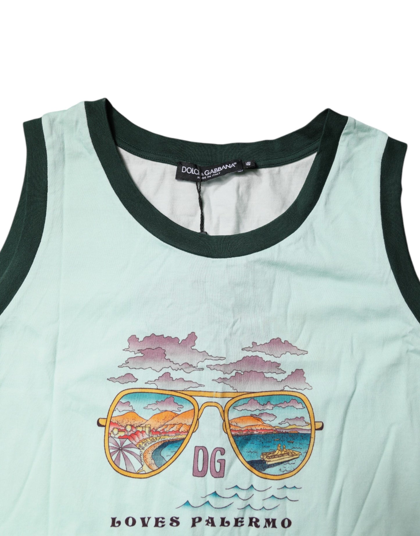 Dolce &amp; Gabbana – Hellgrünes ärmelloses Tank-T-Shirt mit Grafikdruck