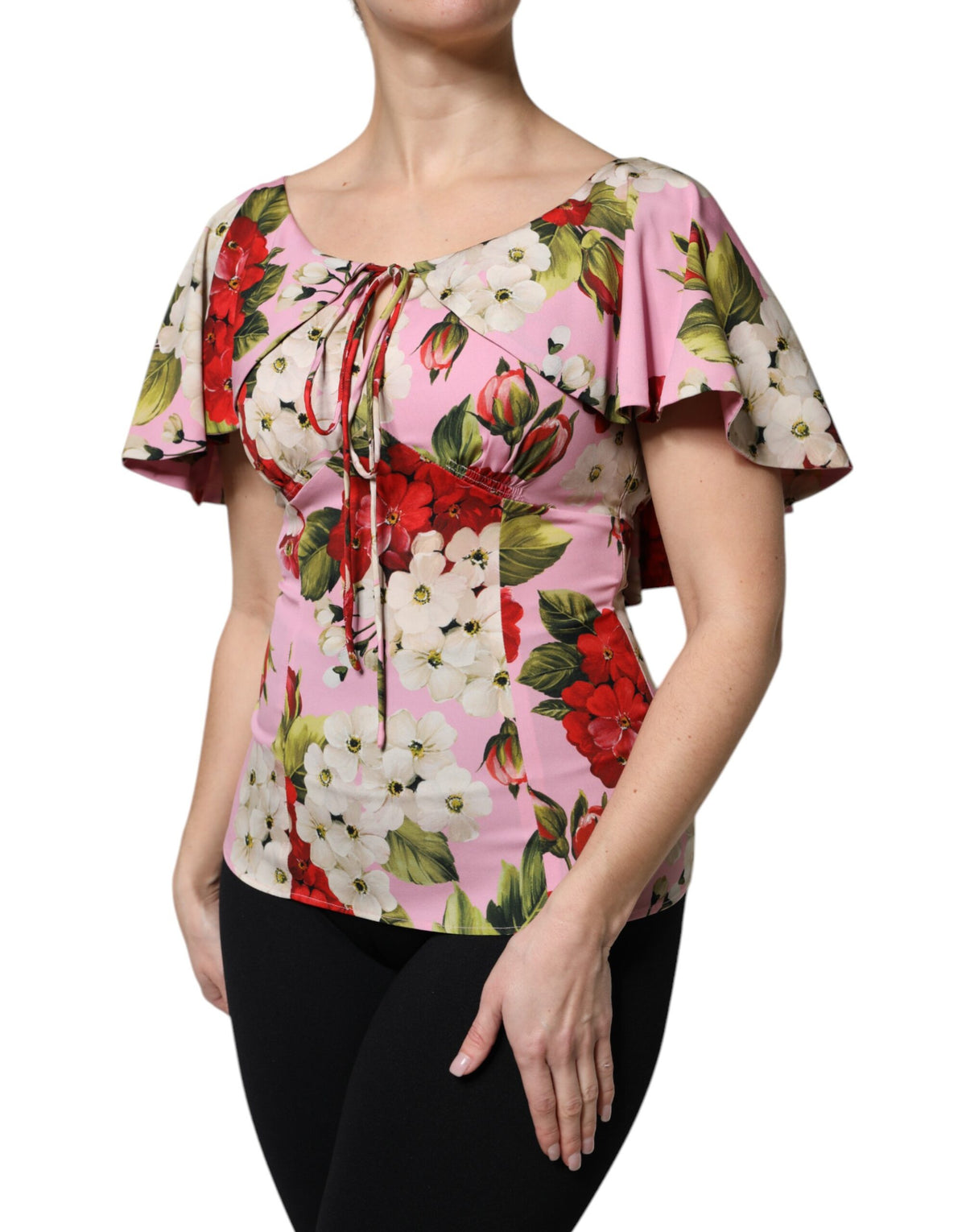 Dolce &amp; Gabbana – Kurzärmliges Blusenoberteil aus Seide mit Blumenmuster in Rosa