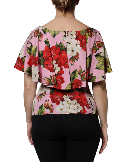 Dolce &amp; Gabbana – Kurzärmliges Blusenoberteil aus Seide mit Blumenmuster in Rosa