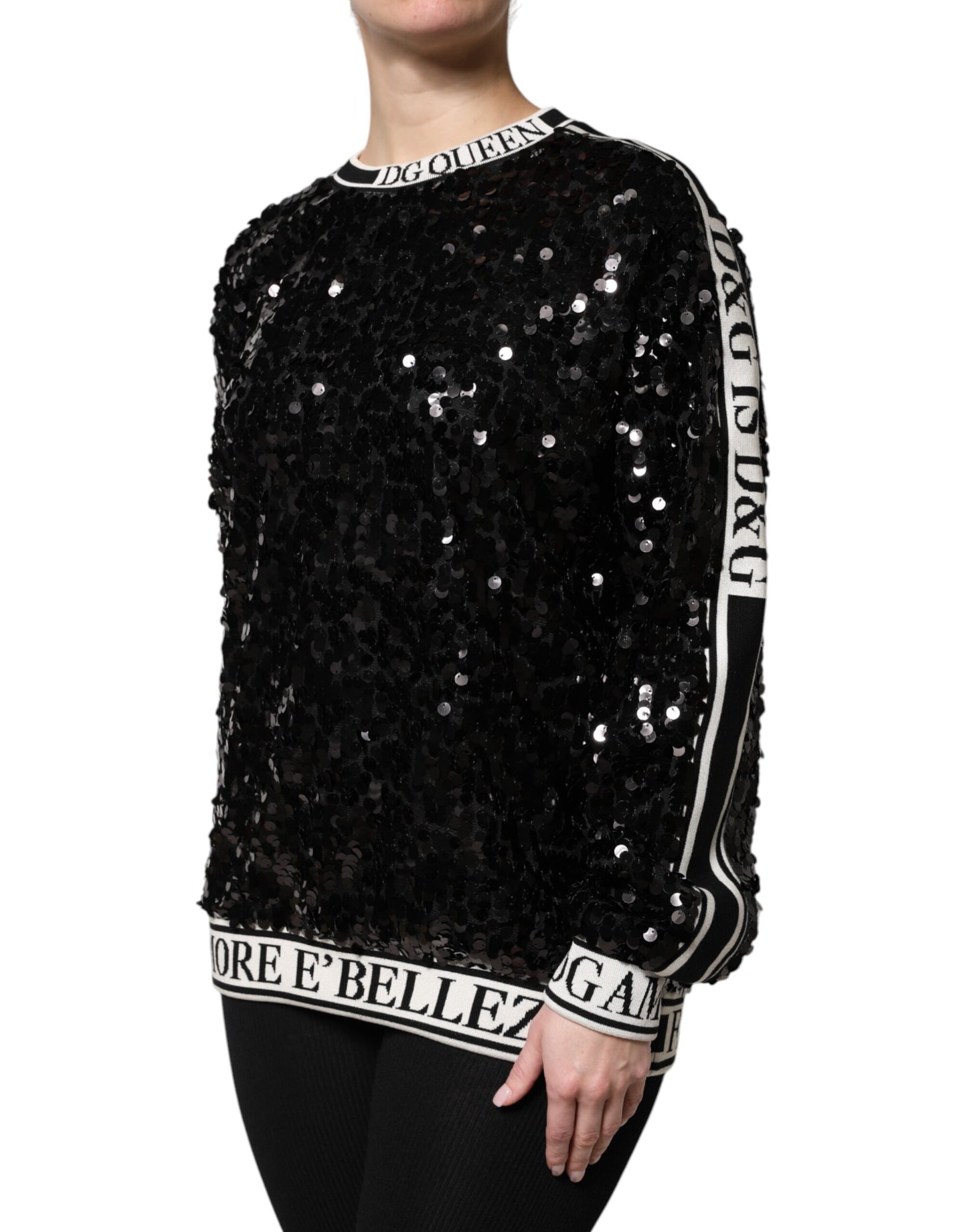 Dolce &amp; Gabbana – Schwarzer Pullover mit Pailletten „DG Queen“