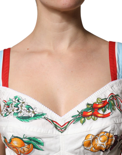 Dolce &amp; Gabbana – Kurzes Oberteil mit Sweetheart-Ausschnitt und Gemüseprint in Weiß