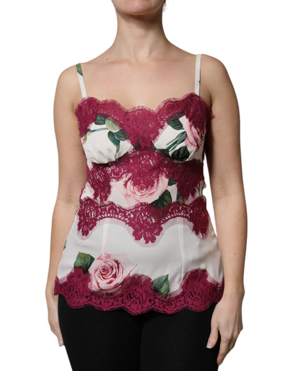 Dolce &amp; Gabbana – Weißes Tanktop aus Satin und Spitze mit Rosenprint