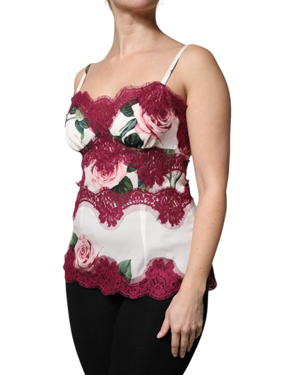 Dolce &amp; Gabbana – Weißes Tanktop aus Satin und Spitze mit Rosenprint