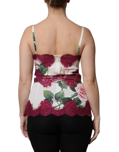 Dolce &amp; Gabbana – Weißes Tanktop aus Satin und Spitze mit Rosenprint
