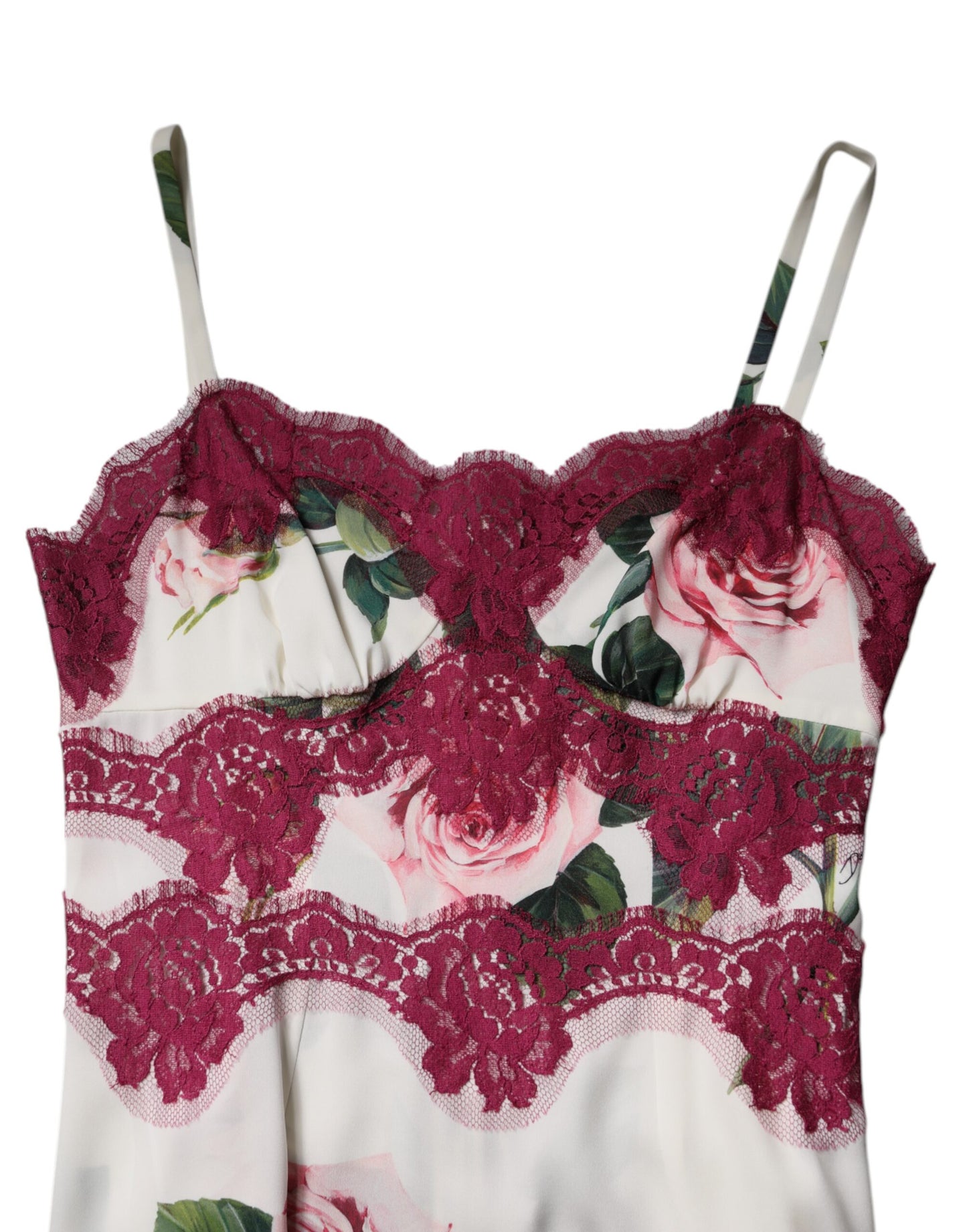 Dolce &amp; Gabbana – Weißes Tanktop aus Satin und Spitze mit Rosenprint