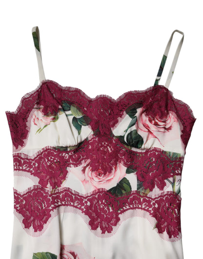 Dolce &amp; Gabbana – Weißes Tanktop aus Satin und Spitze mit Rosenprint