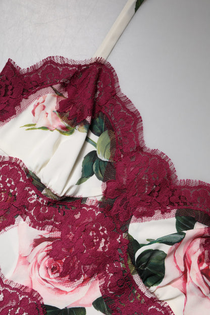 Dolce &amp; Gabbana – Weißes Tanktop aus Satin und Spitze mit Rosenprint