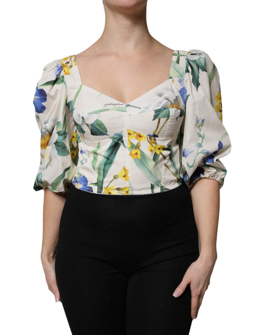 Dolce &amp; Gabbana – Kurze Bluse mit Puffärmeln und Blumenmuster in Weiß