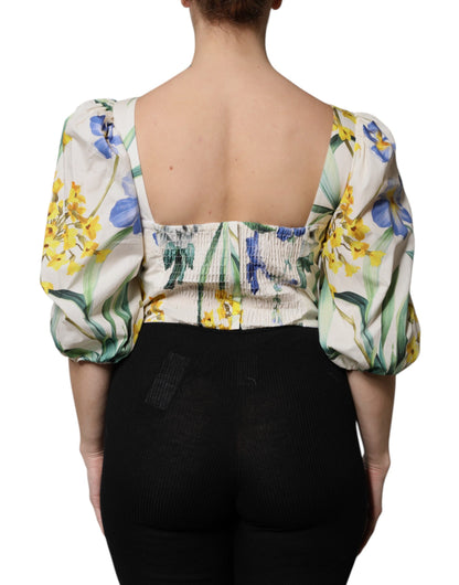 Dolce &amp; Gabbana – Kurze Bluse mit Puffärmeln und Blumenmuster in Weiß