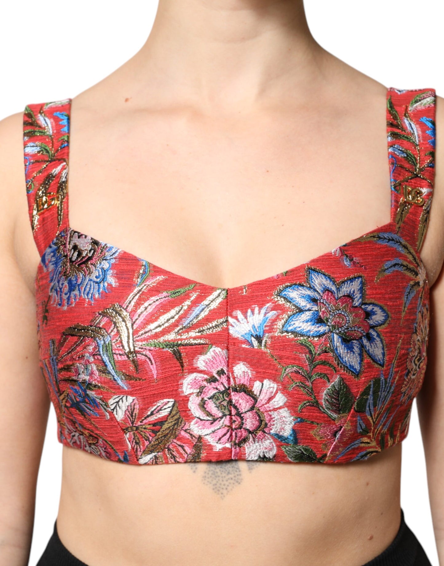 Dolce &amp; Gabbana – Kurzes Bustier-Korsett-Oberteil aus rotem Brokat mit Blumenmuster