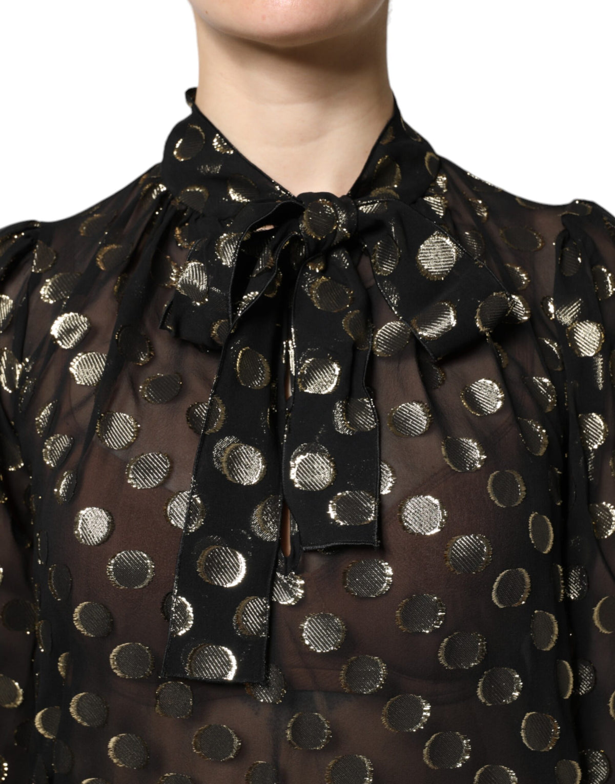 Dolce &amp; Gabbana – Schwarzes, transparentes Blusenoberteil mit gebundenem Halsausschnitt und Punkten