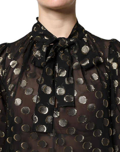 Dolce &amp; Gabbana – Schwarzes, transparentes Blusenoberteil mit gebundenem Halsausschnitt und Punkten