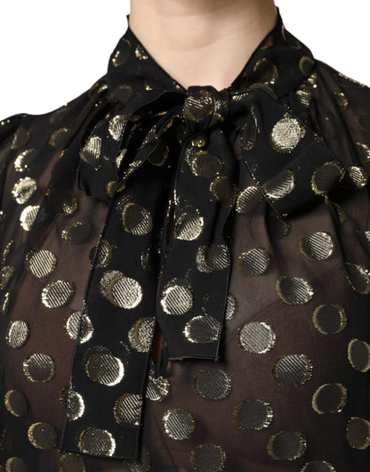 Dolce &amp; Gabbana – Schwarzes, transparentes Blusenoberteil mit gebundenem Halsausschnitt und Punkten