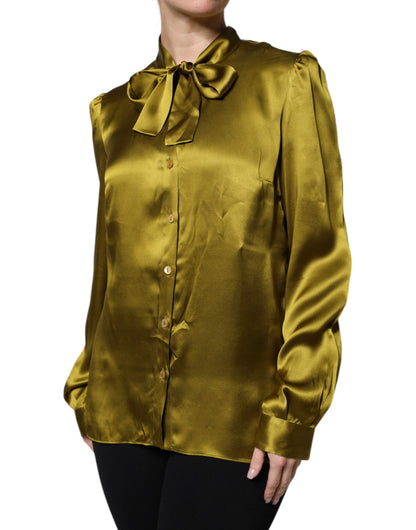 Dolce & Gabbana Olive Green Ascot Collar Long Sleeve Blouse Top
