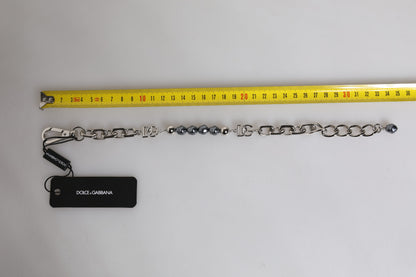 Dolce &amp; Gabbana Silberfarbenes Kettenarmband mit Karabinerverschluss und grauen Perlen