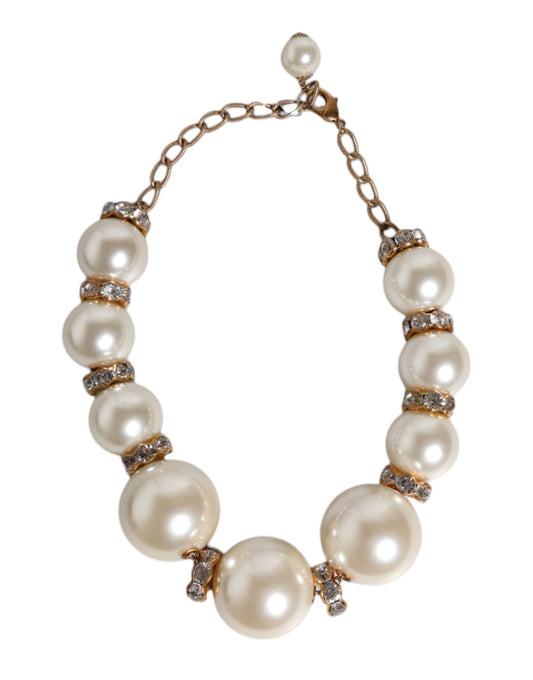 Dolce & Gabbana White Maxi Faux Pearl Beads Crystals Gold Chain Necklace