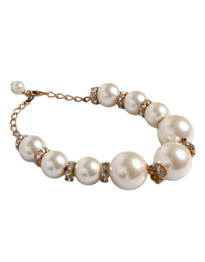 Dolce & Gabbana White Maxi Faux Pearl Beads Crystals Gold Chain Necklace