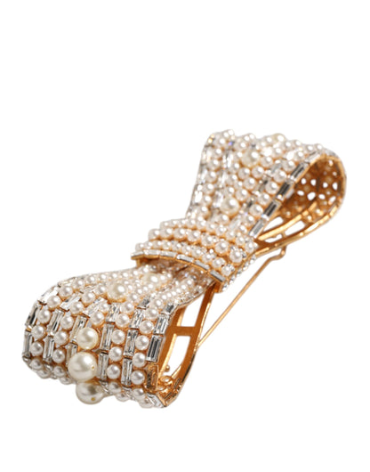 Dolce &amp; Gabbana – Brosche aus goldfarbenem Messing mit Schleife und Kristall-Kunstperlenverzierung