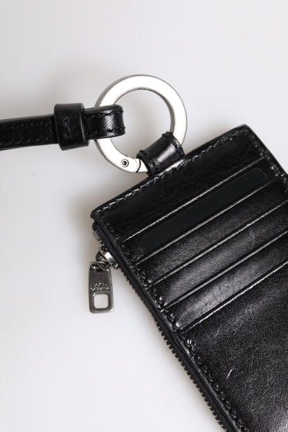 Dolce &amp; Gabbana – Kartenetui aus schwarzem Leder mit Logoprägung und Schlüsselband