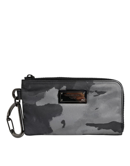 Dolce &amp; Gabbana – Schwarz-graue Camouflage-Tasche mit Logo-Plakette und Schlüsselring